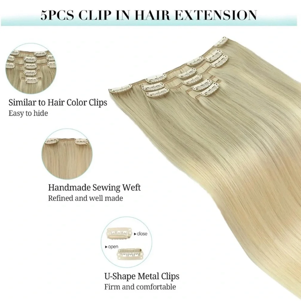 Doores Ash Golden Platinum Blonde Balayage Human Hair 22 Inch Clip In Extensions